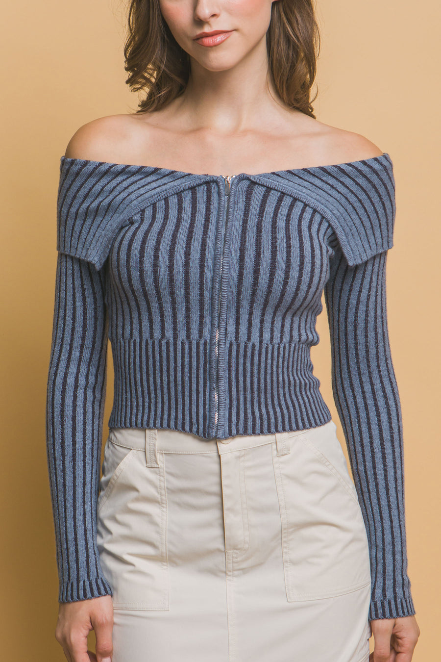 Ribbed bardot zip up long sleeve- Denim Blue