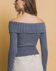 Ribbed bardot zip up long sleeve- Denim Blue