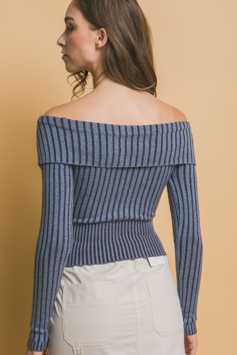 Ribbed bardot zip up long sleeve- Denim Blue