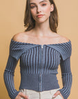 Ribbed bardot zip up long sleeve- Denim Blue