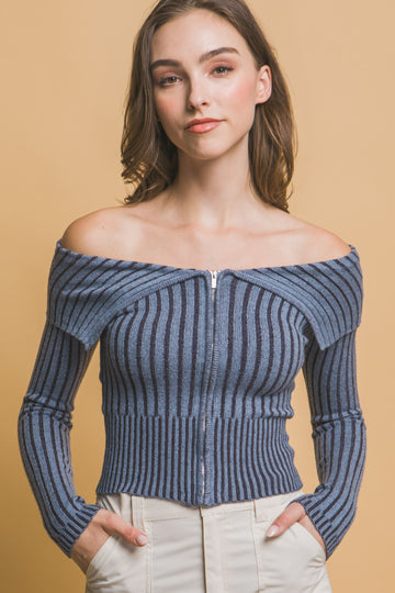 Ribbed bardot zip up long sleeve- Denim Blue