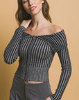 Ribbed bardot zip up long sleeve- Light Black