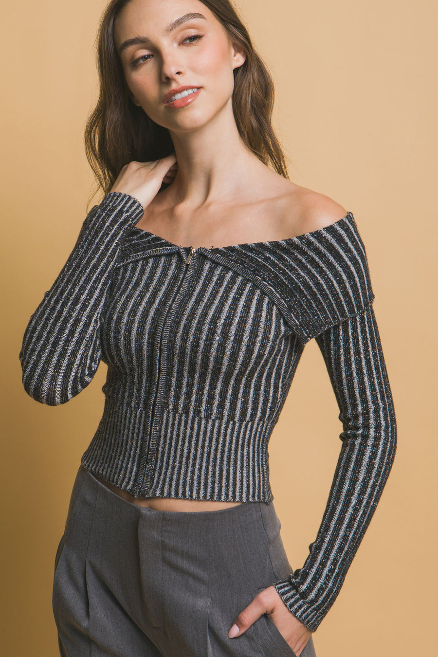 Ribbed bardot zip up long sleeve- Light Black