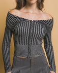 Ribbed bardot zip up long sleeve- Light Black