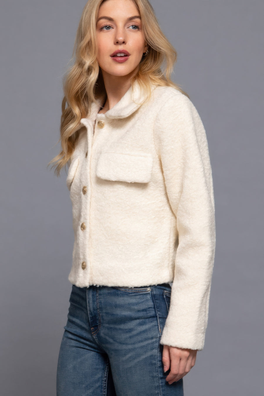 Long Slv Teddy Fleece Short Jacket- Off White