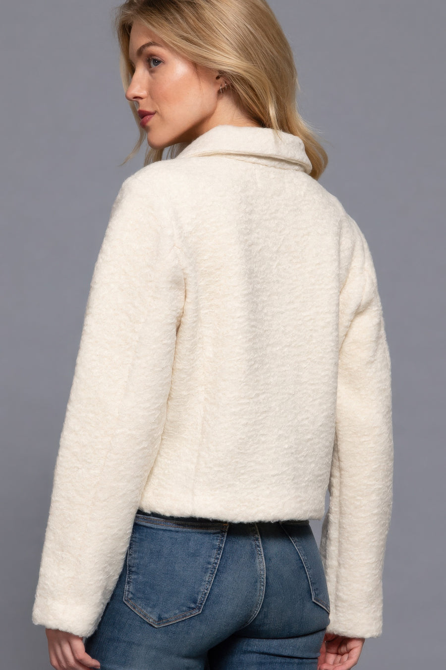 Long Slv Teddy Fleece Short Jacket- Off White