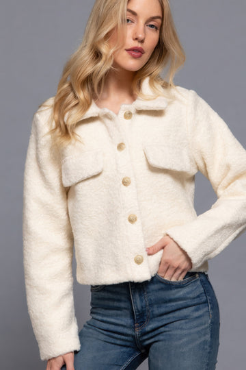 Long Slv Teddy Fleece Short Jacket- Off White