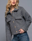 Long Slv Teddy Fleece Short Jacket-Gray