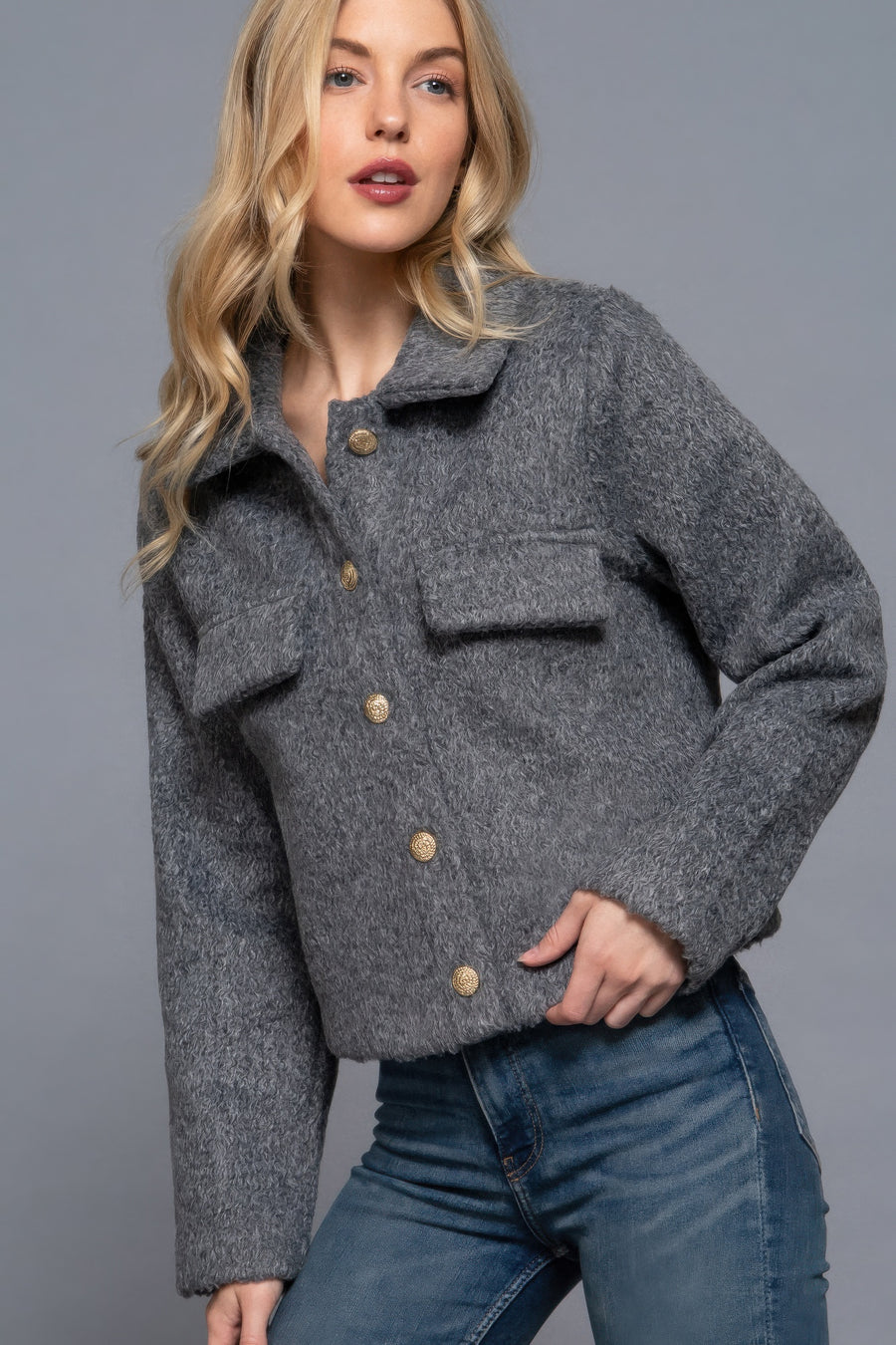 Long Slv Teddy Fleece Short Jacket-Gray