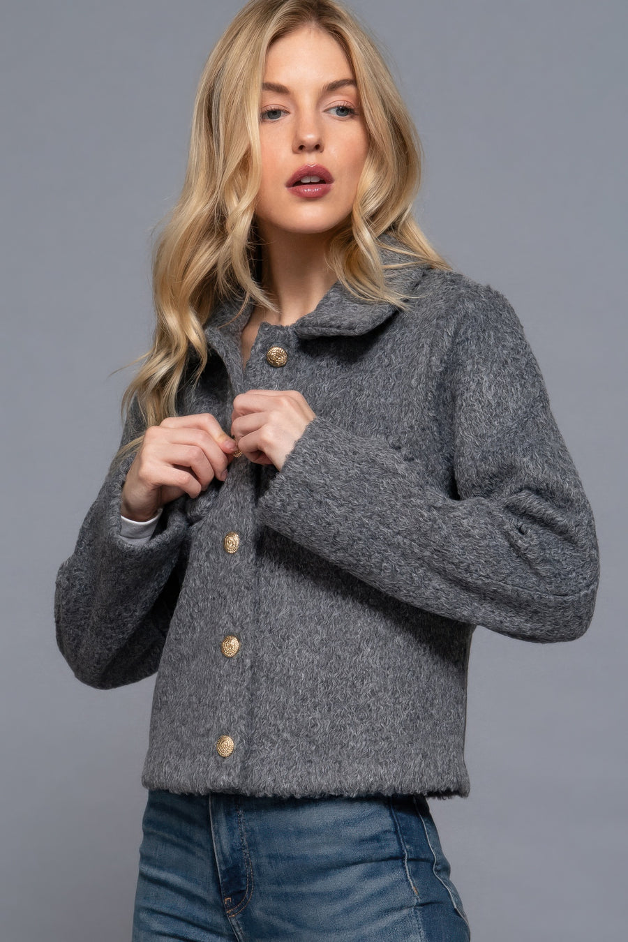 Long Slv Teddy Fleece Short Jacket-Gray