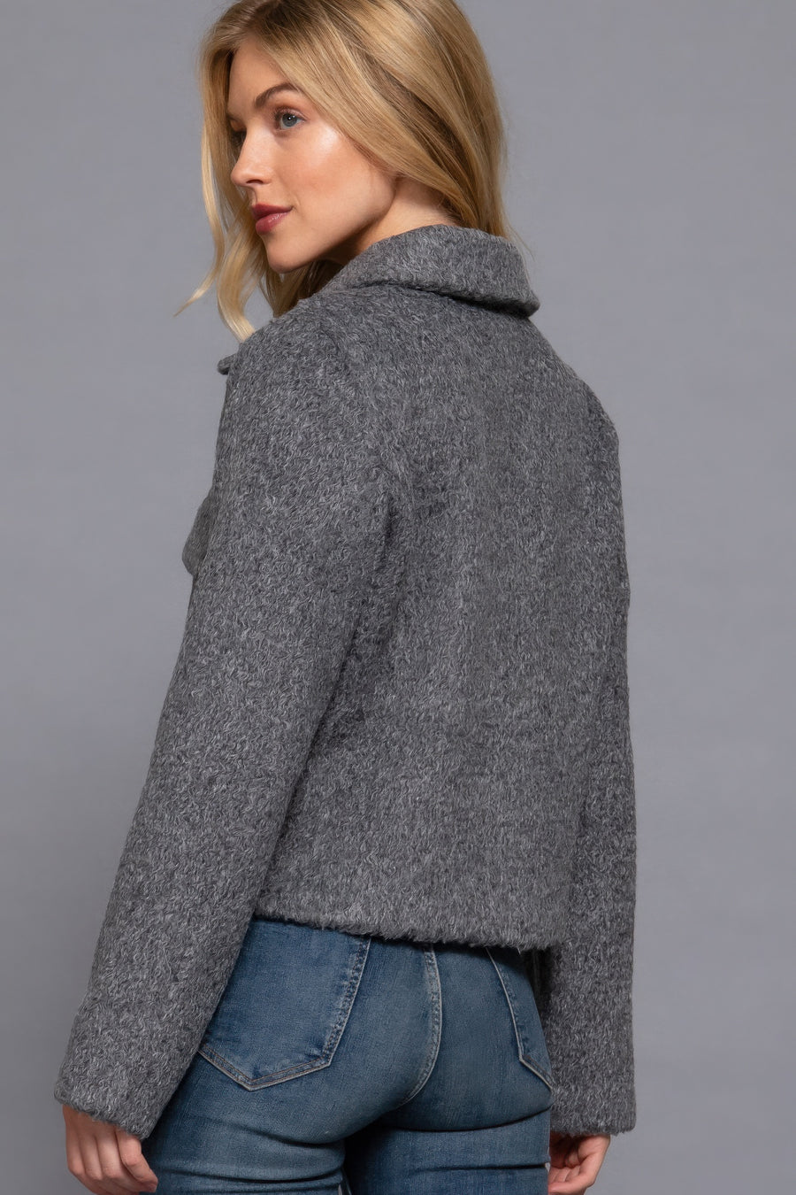 Long Slv Teddy Fleece Short Jacket-Gray