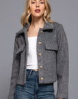 Long Slv Teddy Fleece Short Jacket-Gray