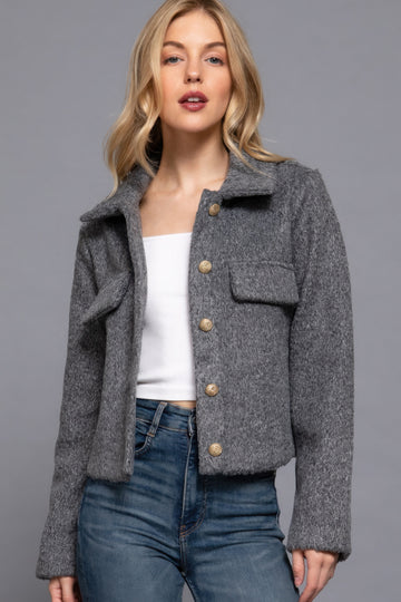 Long Slv Teddy Fleece Short Jacket-Gray