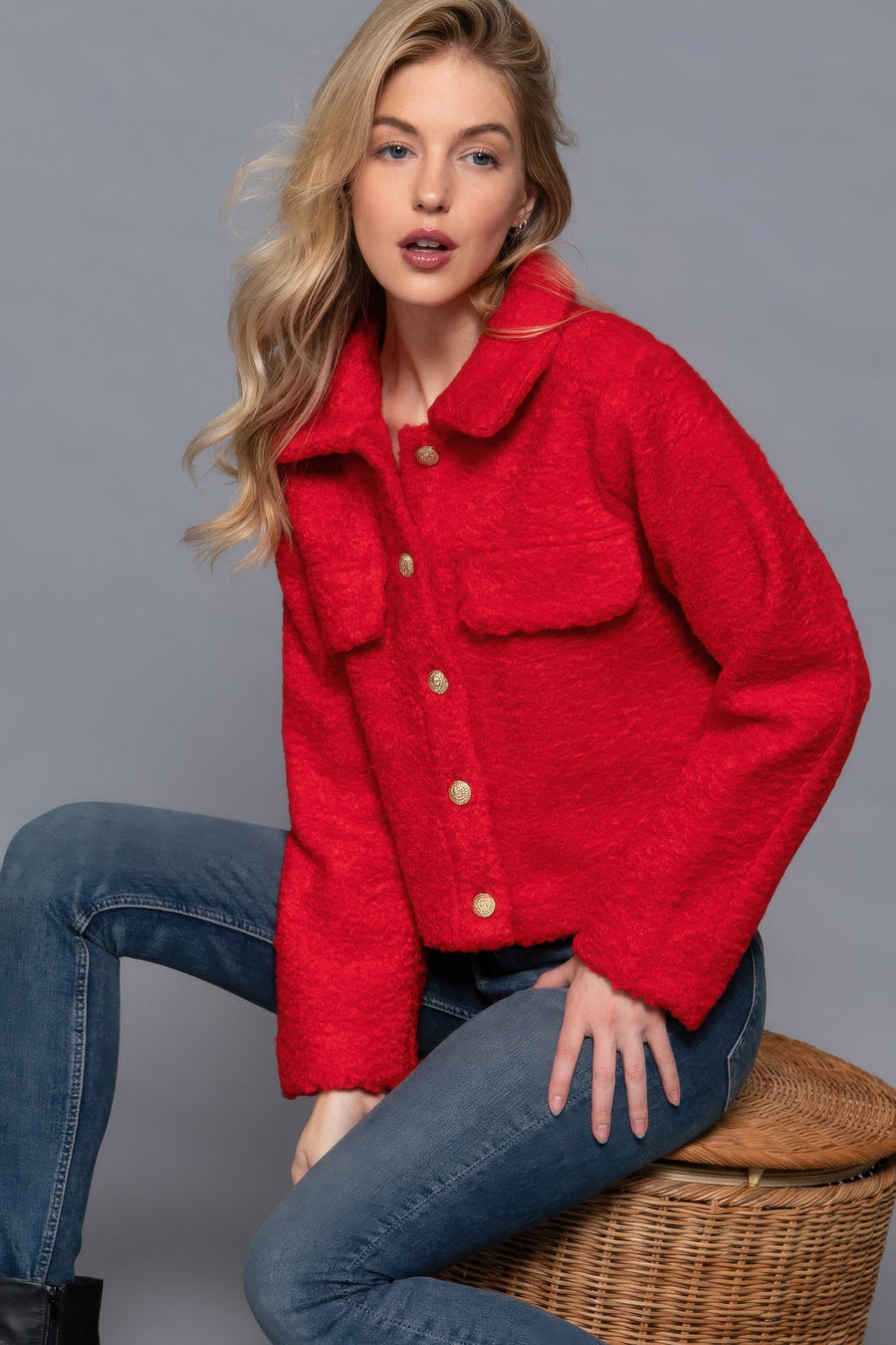 Long Slv Teddy Fleece Short Jacket- Red