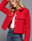 Long Slv Teddy Fleece Short Jacket- Red