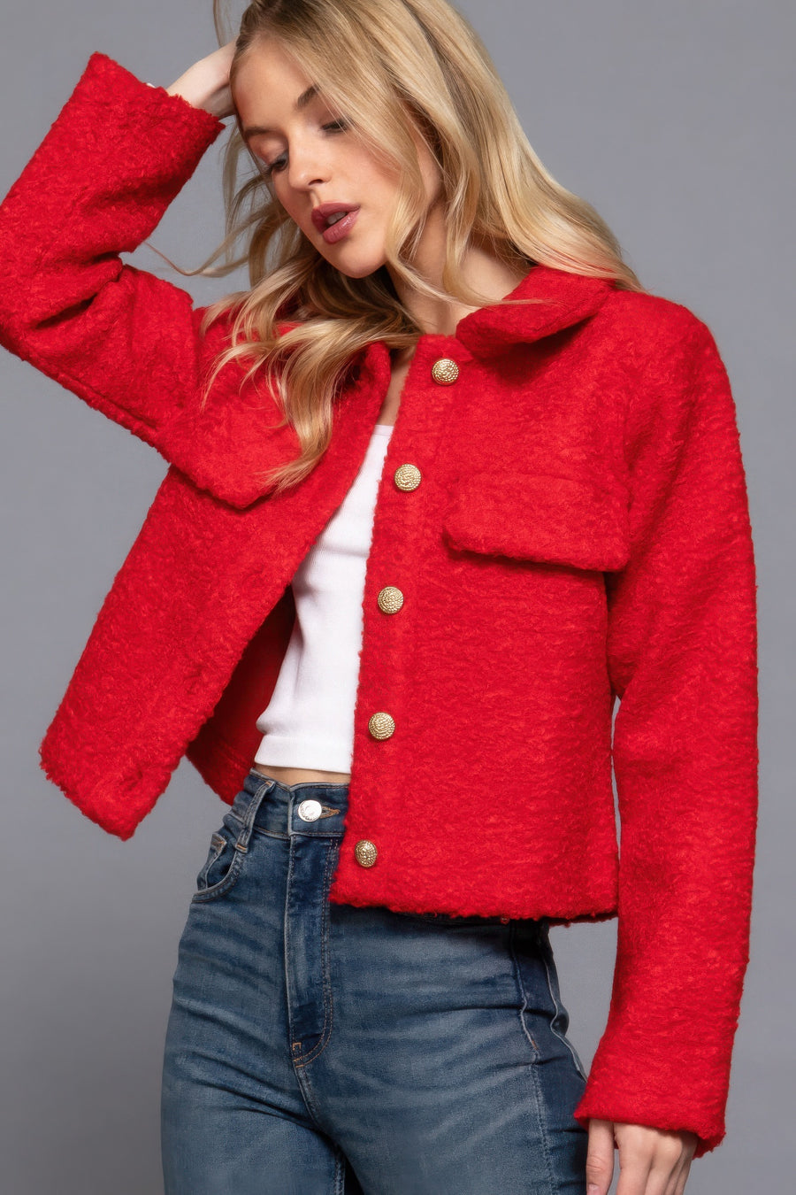 Long Slv Teddy Fleece Short Jacket- Red