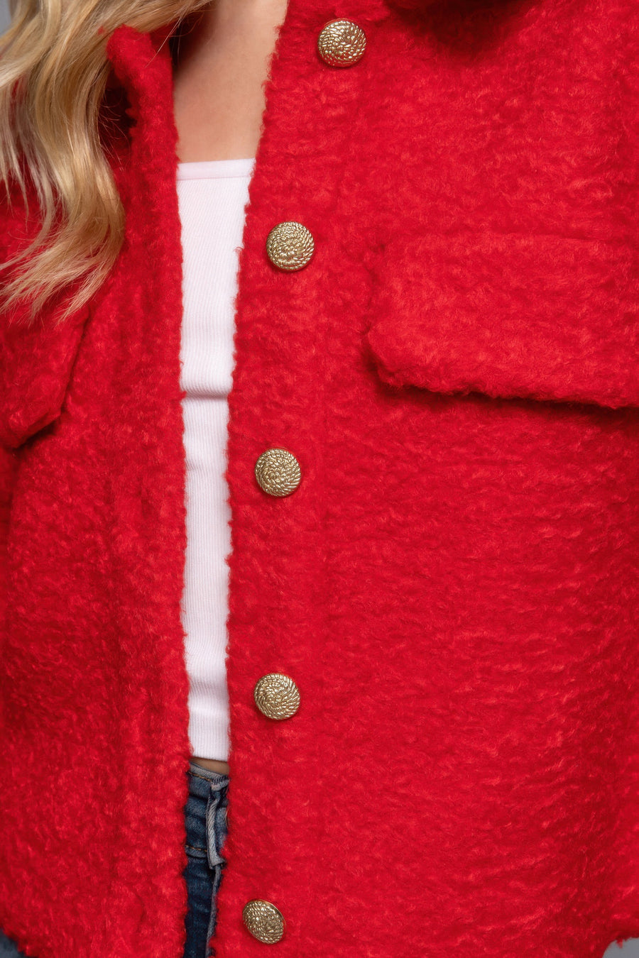 Long Slv Teddy Fleece Short Jacket- Red