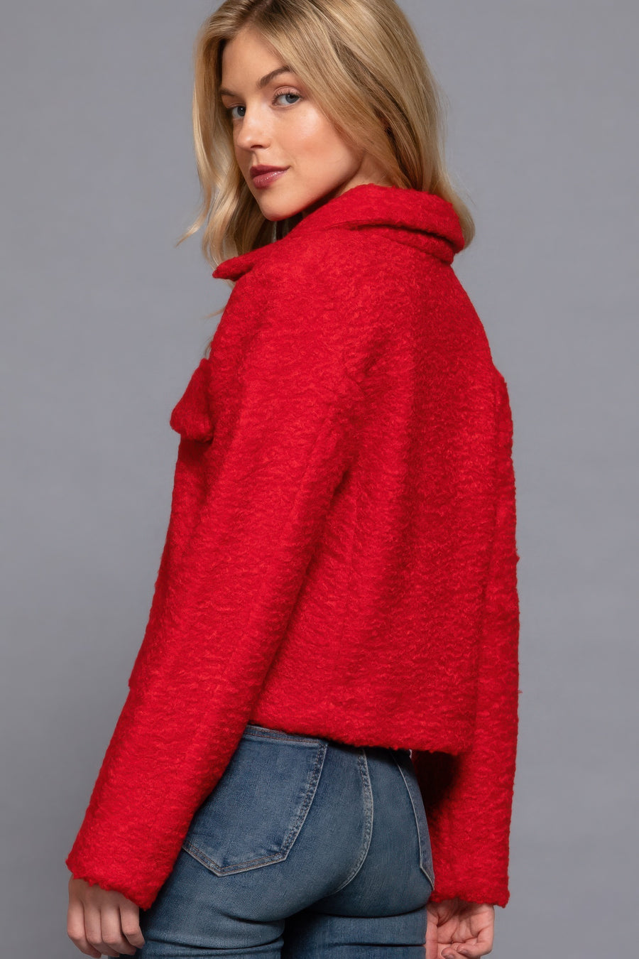 Long Slv Teddy Fleece Short Jacket- Red