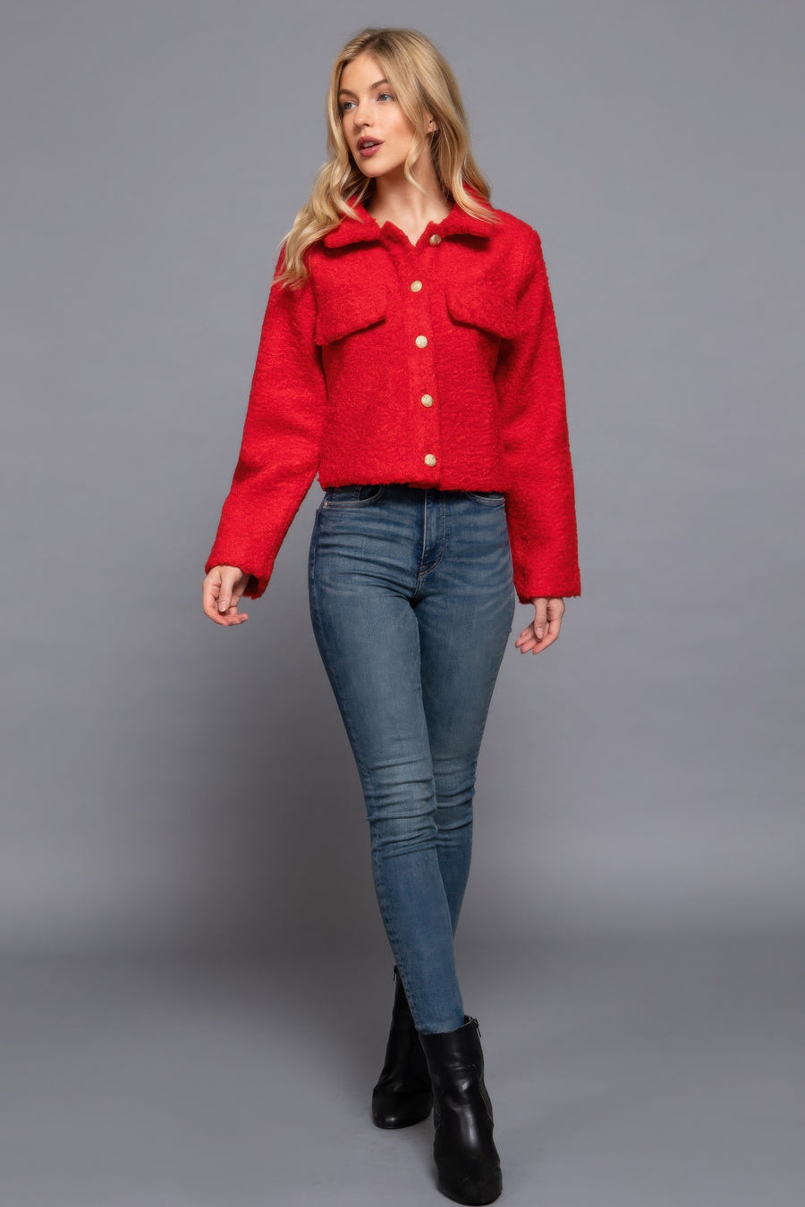 Long Slv Teddy Fleece Short Jacket- Red