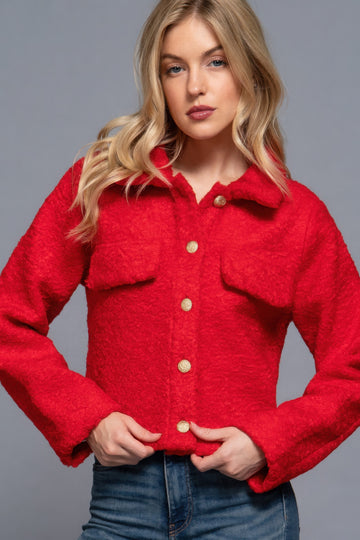 Long Slv Teddy Fleece Short Jacket- Red