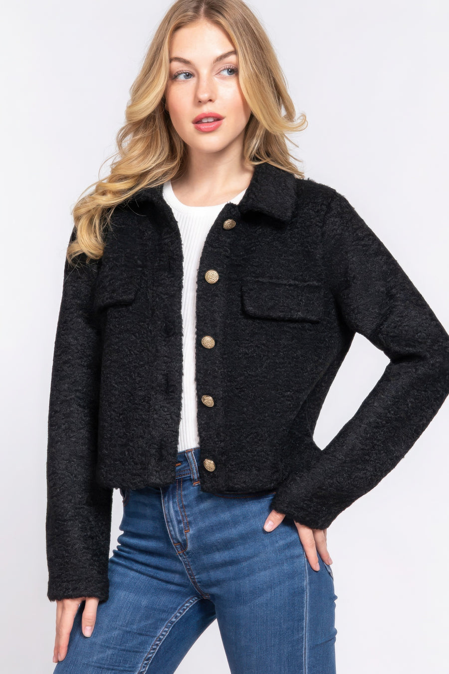 Long Slv Teddy Fleece Short Jacket- Black