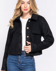 Long Slv Teddy Fleece Short Jacket- Black