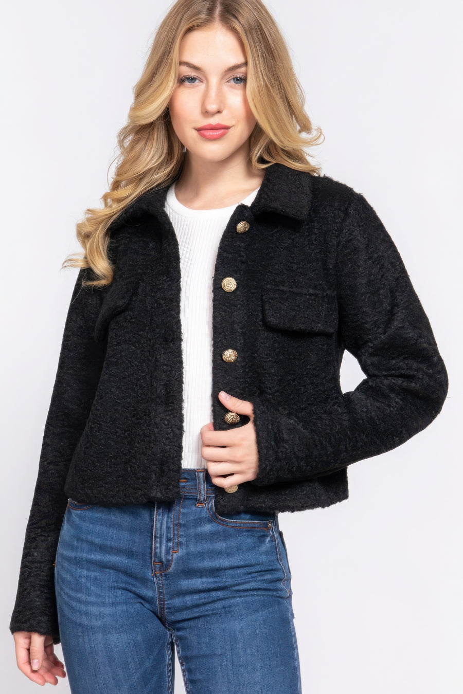 Long Slv Teddy Fleece Short Jacket- Black