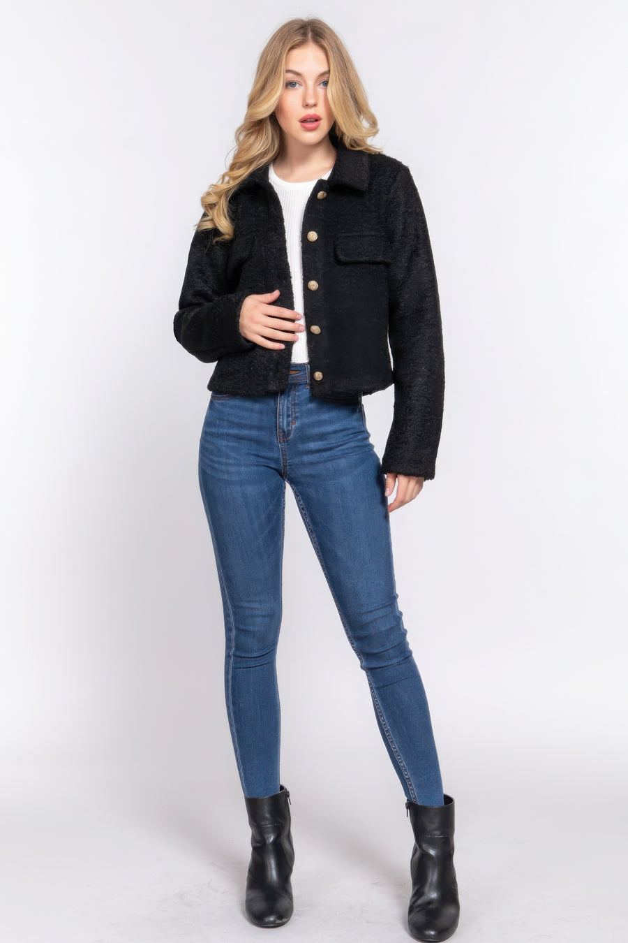 Long Slv Teddy Fleece Short Jacket- Black