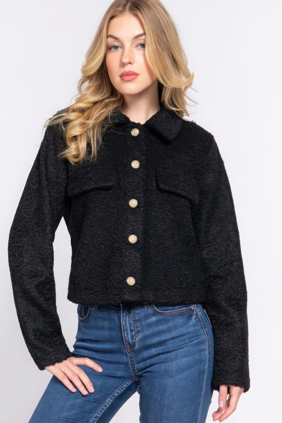 Long Slv Teddy Fleece Short Jacket- Black