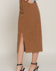 Front Open Slit Corduroy Midi Skirt- Light Mocha