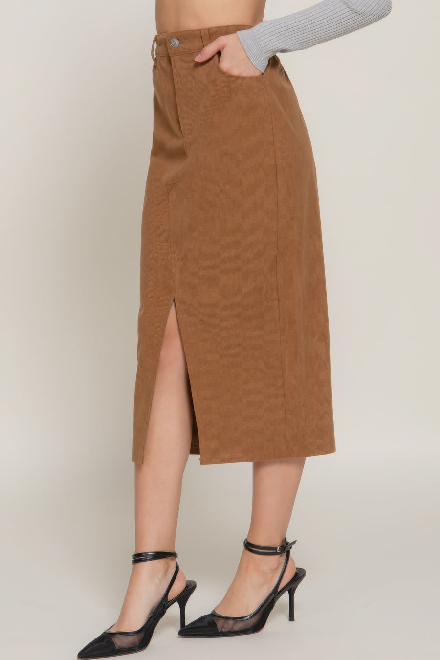 Front Open Slit Corduroy Midi Skirt- Light Mocha