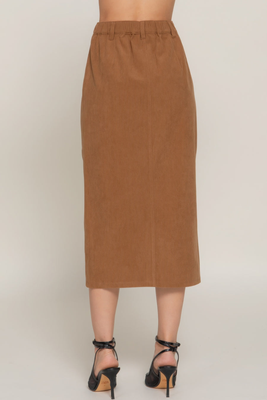 Front Open Slit Corduroy Midi Skirt- Light Mocha