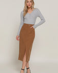 Front Open Slit Corduroy Midi Skirt- Light Mocha