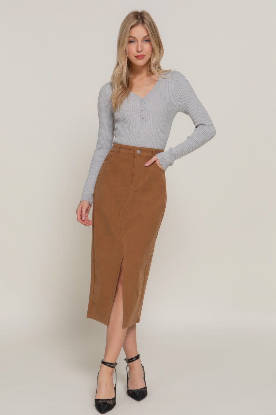 Front Open Slit Corduroy Midi Skirt- Light Mocha