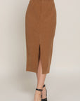 Front Open Slit Corduroy Midi Skirt- Light Mocha