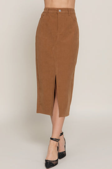 Front Open Slit Corduroy Midi Skirt- Light Mocha