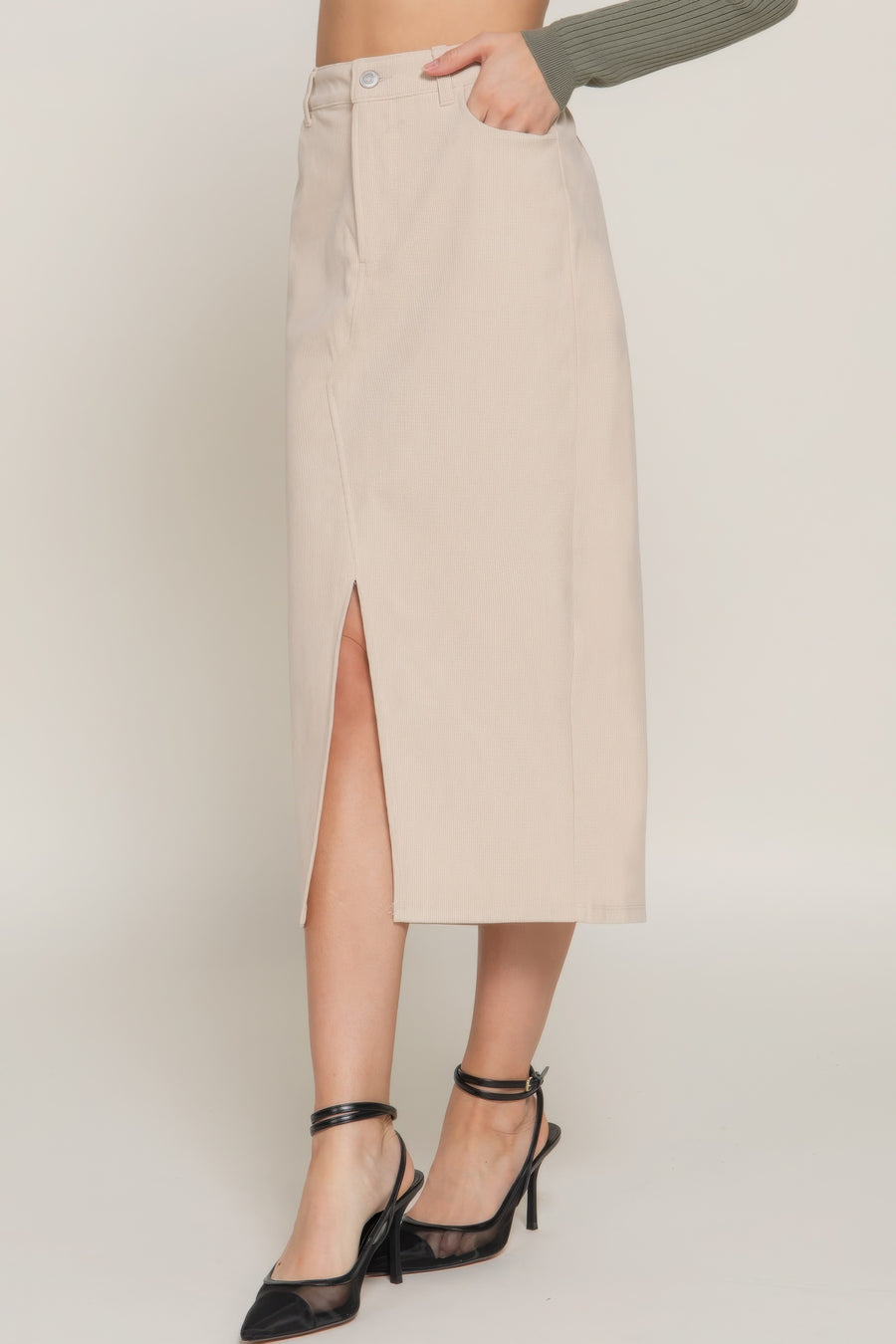 Front Open Slit Corduroy Midi Skirt-Creme