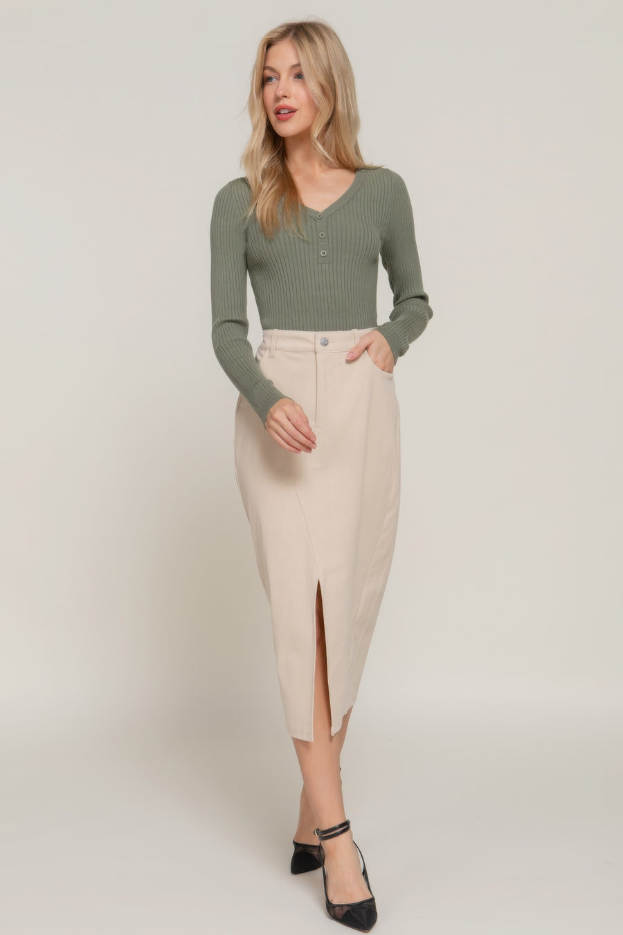 Front Open Slit Corduroy Midi Skirt-Creme