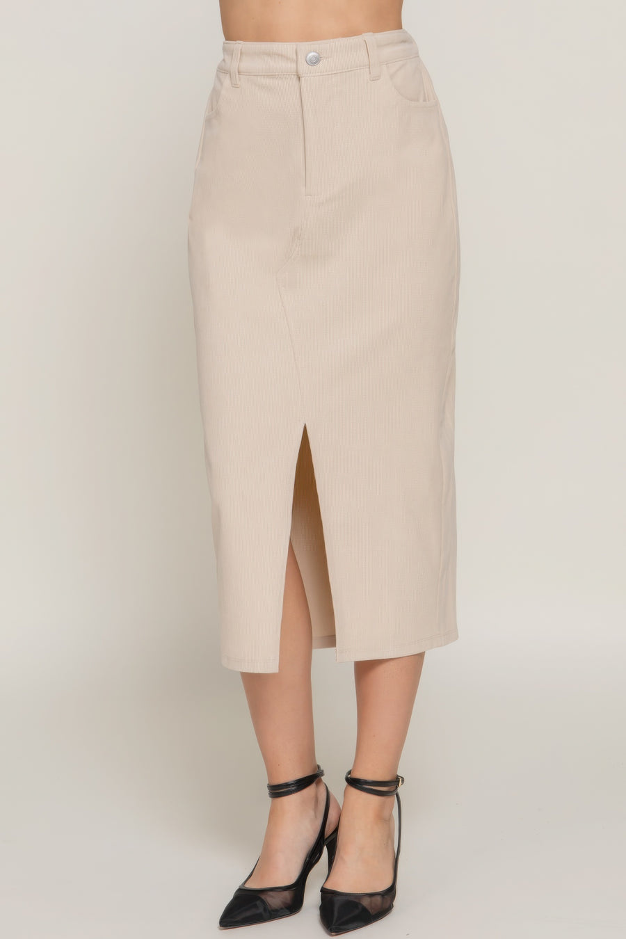 Front Open Slit Corduroy Midi Skirt-Creme