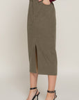 Front Open Slit Corduroy Midi Skirt- Olive