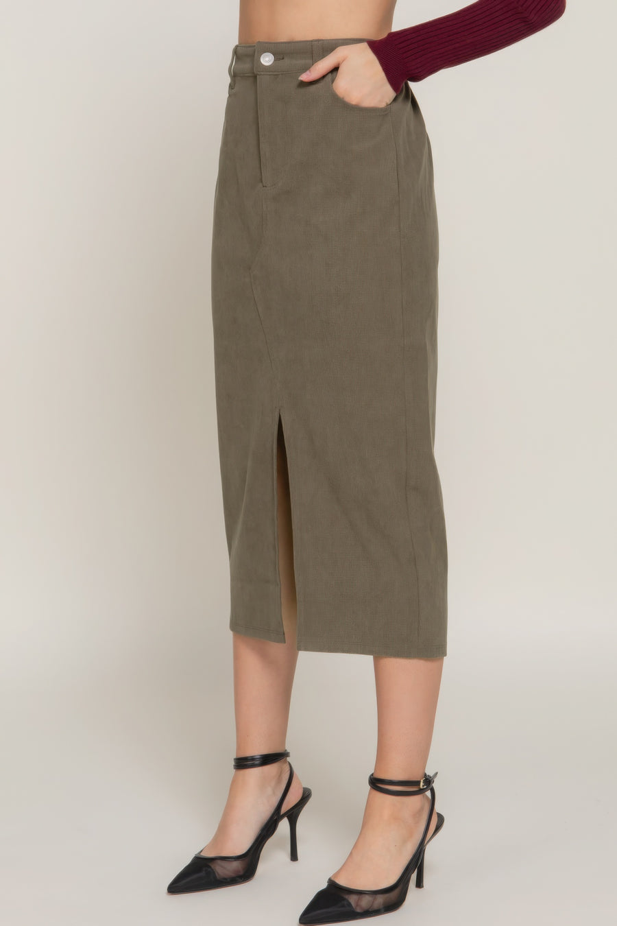 Front Open Slit Corduroy Midi Skirt- Olive