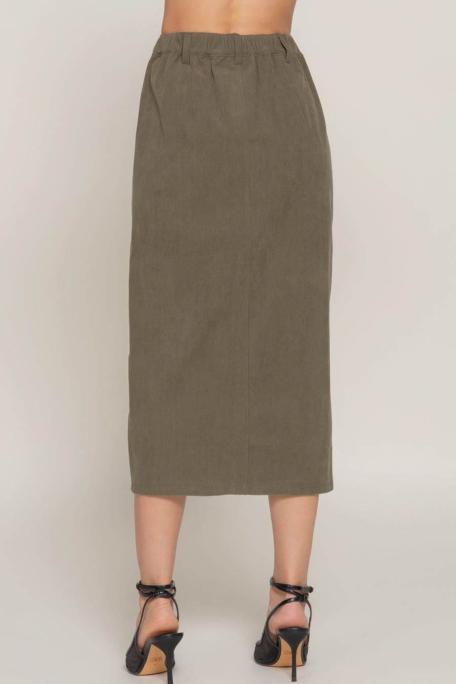 Front Open Slit Corduroy Midi Skirt- Olive