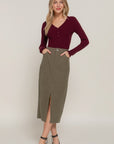 Front Open Slit Corduroy Midi Skirt- Olive