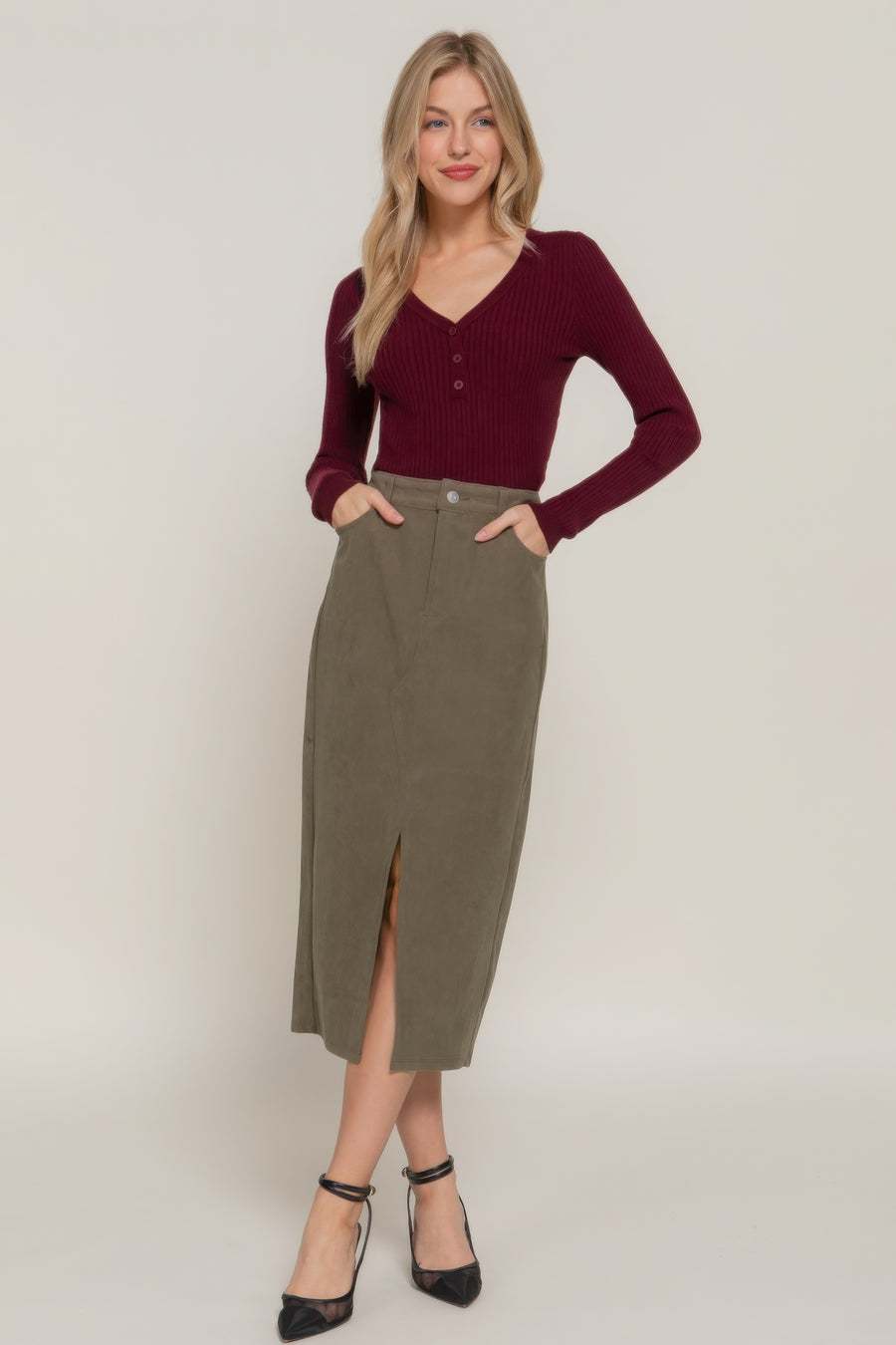 Front Open Slit Corduroy Midi Skirt- Olive