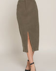 Front Open Slit Corduroy Midi Skirt- Olive