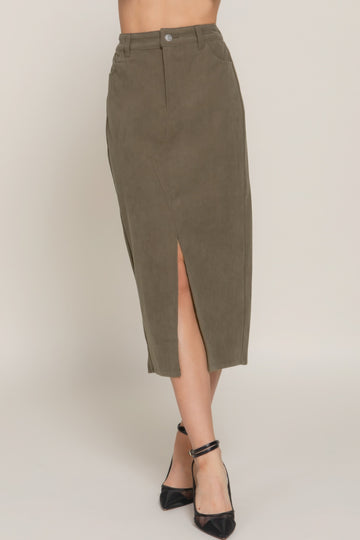 Front Open Slit Corduroy Midi Skirt- Olive