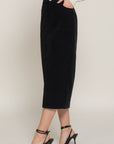 Front Open Slit Corduroy Midi Skirt-Black