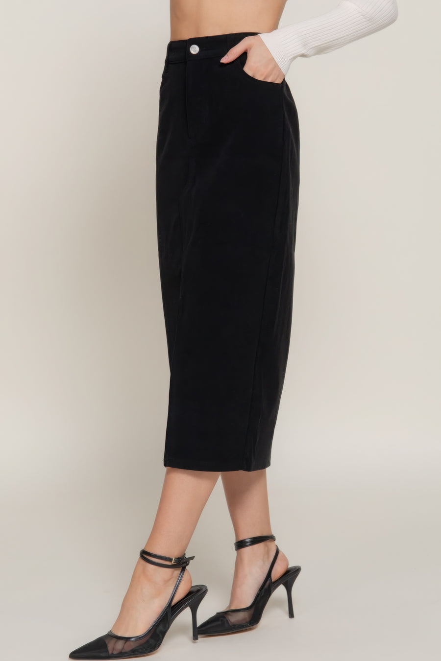 Front Open Slit Corduroy Midi Skirt-Black