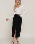 Front Open Slit Corduroy Midi Skirt-Black