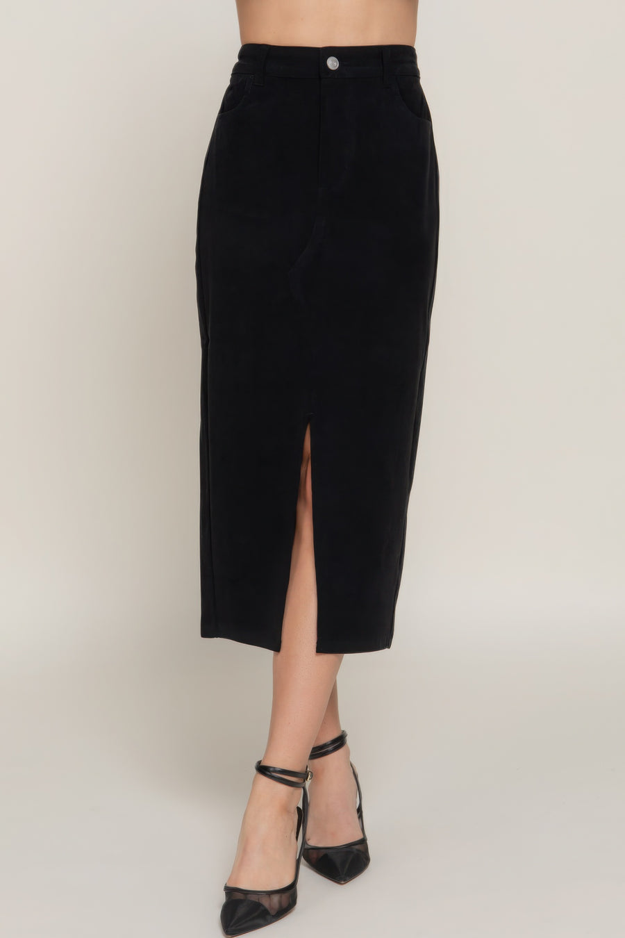 Front Open Slit Corduroy Midi Skirt-Black